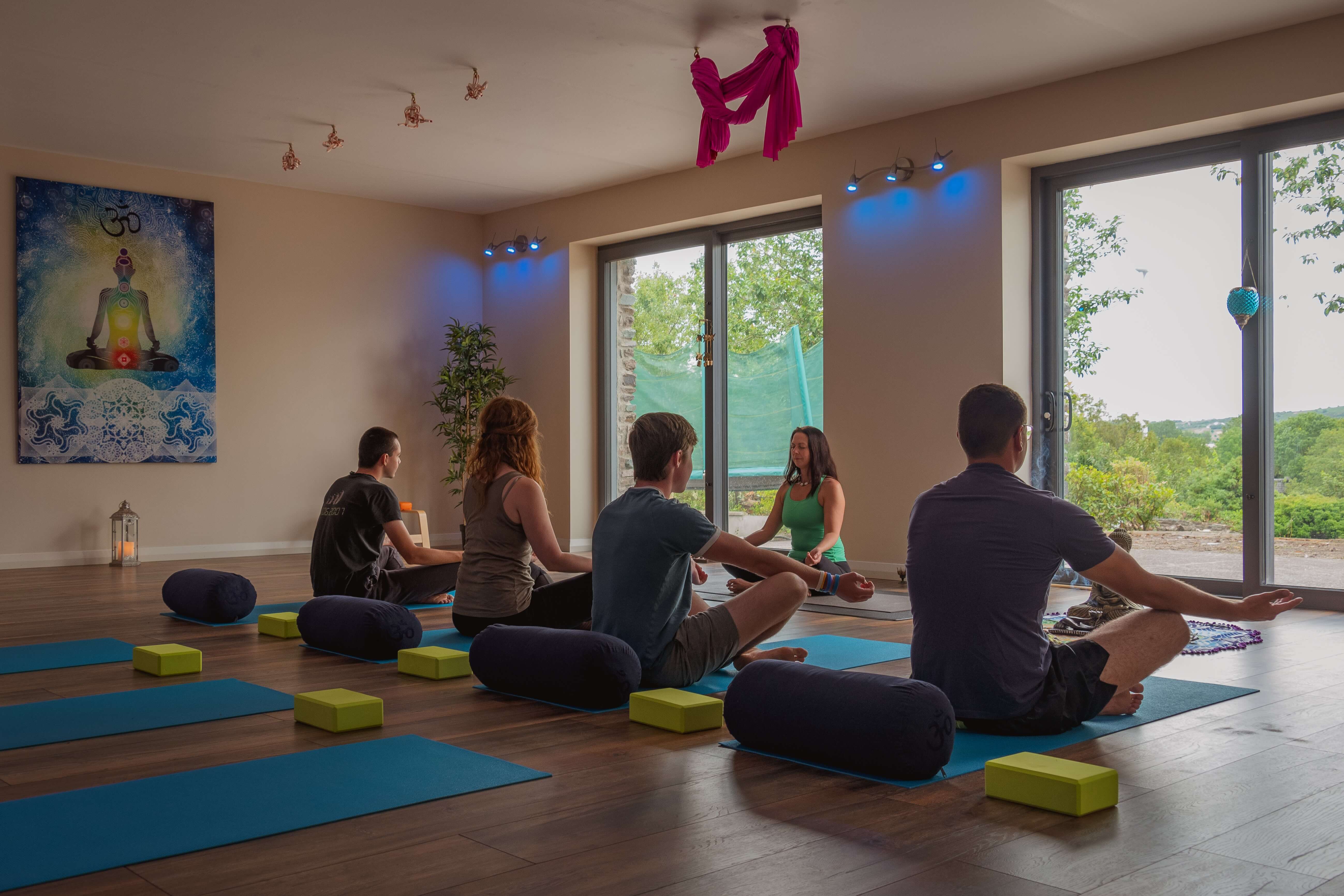 people doing yoga inside room